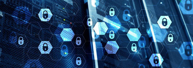 网络安全、信息隐私、数据保护概念在现代服务器机房中的背景。互联网与数字技术概念